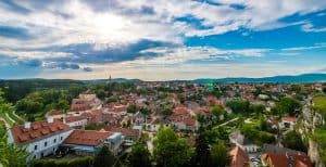 suburban rooftops in the sunlight