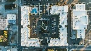 aerial view of buildings with TPO roofs