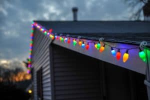 string lights hung along roofing in Colorado