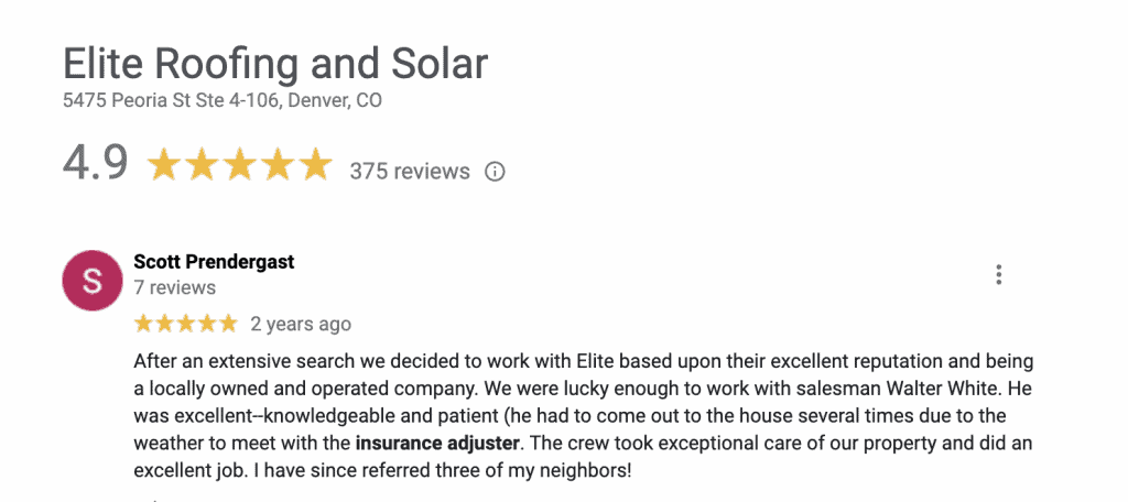 Elite Roofing and Solar testimonial from Google reviews